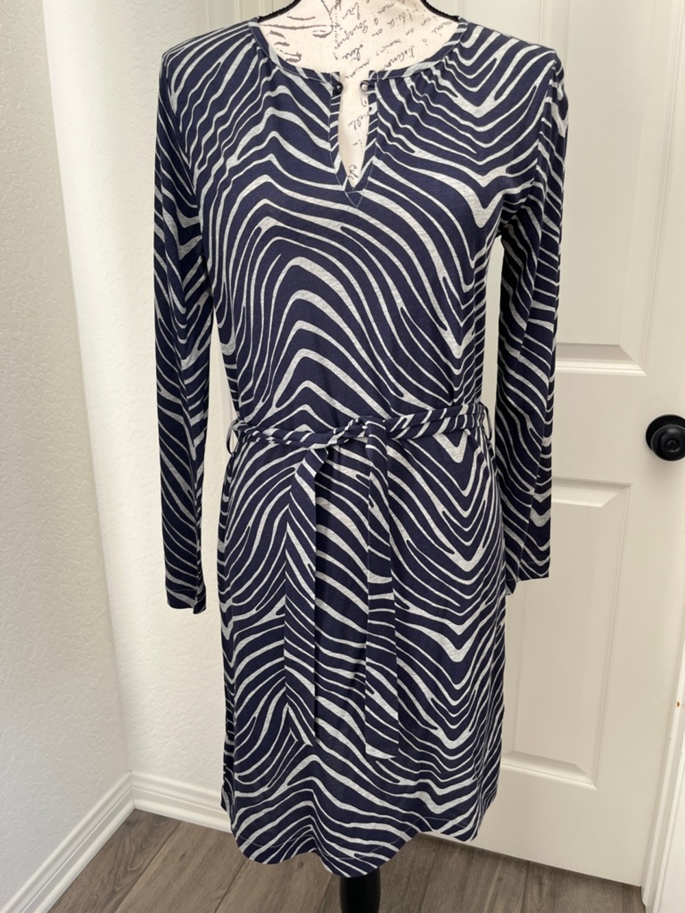 NWOT. A.P.C. Navy/White Long Sleeve Tie-Waist Dress